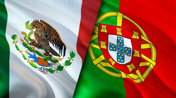 Mexico and Portugal flags. 3D Waving flag design. Mexico Portugal flag, picture, wallpaper. Mexico vs Portugal image,3D rendering. Mexico Portugal relations alliance and Trade,travel,tourism concep