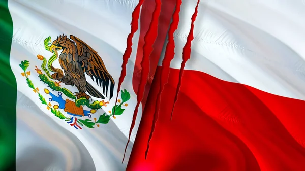 Banderas México Polonia Con Concepto Cicatriz Bandera Ondeante Representación Concepto — Foto de Stock