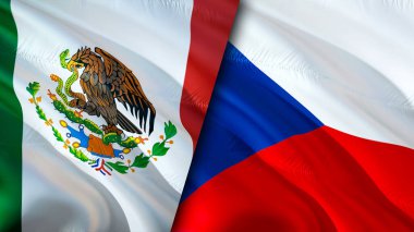 Meksika ve Çek bayrakları. 3 boyutlu dalgalanan bayrak tasarımı. Meksika Çek bayrağı, resim, duvar kağıdı. Meksika, Çek imajına karşı, 3 boyutlu görüntüleme. Meksika Çek ilişkileri ittifak ve ticaret, seyahat, turizm konsepti