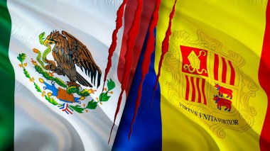 Meksika ve Andorra yara izi olan bayraklar. Dalgalanan bayrak, 3 boyutlu görüntüleme. Meksika ve Andorra çatışma konsepti. Meksika Andorra ilişkileri kavramı. Meksika bayrağı ve Andorra krizi, savaş, saldırı konsepti