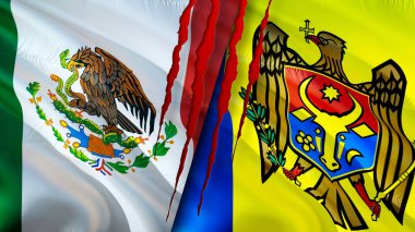 Meksika ve Moldova bayraklarında yara izi var. Dalgalanan bayrak, 3 boyutlu görüntüleme. Meksika ve Moldova çatışma konsepti. Meksika Moldova ilişkileri kavramı. Meksika bayrağı ve Moldova krizi, savaş, saldırı konsepti