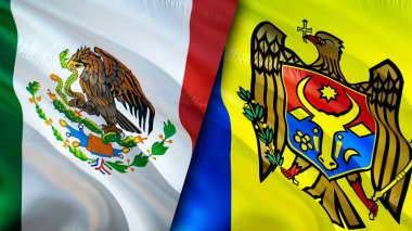 Meksika ve Moldova bayrakları. 3 boyutlu dalgalanan bayrak tasarımı. Meksika Moldova bayrağı, resim, duvar kağıdı. Meksika, Moldova 'ya karşı, görüntü 3 boyutlu. Meksika Moldova ilişkileri ittifak ve ticaret, seyahat, turizm konsepti