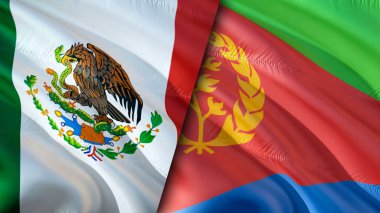 Meksika ve Eritre bayrakları. 3 boyutlu dalgalanan bayrak tasarımı. Meksika Eritre bayrağı, resim, duvar kağıdı. Meksika, Eritre 'ye karşı. Görüntü 3 boyutlu. Meksika Eritre ilişkileri ittifak ve ticaret, seyahat, turizm konsepti
