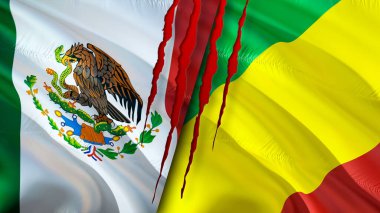 Yara izi olan Meksika ve Kongo bayrakları. Dalgalanan bayrak, 3 boyutlu görüntüleme. Meksika ve Kongo çatışma konsepti. Meksika Kongo ilişkileri kavramı. Meksika ve Kongo bayrağı krizi, savaş, saldırı konsepti
