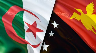 Cezayir bayrağı Papua Yeni Gine bayrağına karşı. Karışık Cezayir ve Papua Yeni Gine bayrağı, 3D Rending. Cezayir ile Papua Yeni Gine arasındaki kriz uluslararası toplantı veya müzakere kavramı