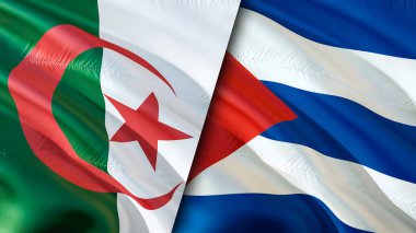 Cezayir bayrağı Küba bayrağına karşı. Karışık Cezayir ve Küba bayrağı, 3D Rending. Cezayir ile Küba arasındaki kriz uluslararası toplantı veya müzakere kavramı. Çatışma, müzakere, kriz kavramı