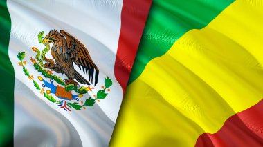 Meksika ve Kongo bayrakları. 3 boyutlu dalgalanan bayrak tasarımı. Meksika Kongo bayrağı, resim, duvar kağıdı. Meksika, Kongo 'ya karşı imajı, 3D görüntüsü. Meksika Kongo ilişkileri ittifak ve ticaret, seyahat, turizm konsepti