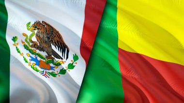 Meksika ve Benin bayrakları. 3 boyutlu dalgalanan bayrak tasarımı. Meksika Benin bayrağı, resim, duvar kağıdı. Meksika, Benin 'e karşı, görüntü 3 boyutlu. Meksika Benin ilişkileri ittifak ve ticaret, seyahat, turizm konsepti