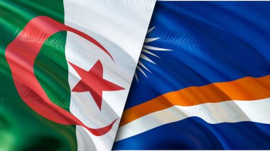 Cezayir bayrağı Marshall Adaları bayrağına karşı. Karışık Cezayir ve Marshall Adaları bayrağı, 3D görüntüleme. Cezayir ile Marshall Adaları arasındaki kriz uluslararası toplantı veya müzakere kavramı