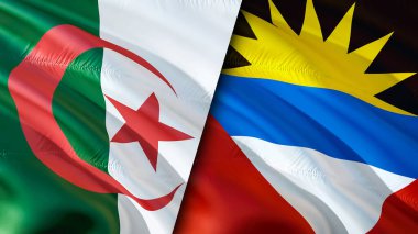 Cezayir bayrağı Antigua ve Barbuda bayrağına karşı. Karışık Cezayir ve Antigua ve Barbuda bayrağı, 3D Rending. Cezayir ile Antigua ve Barbuda arasındaki kriz uluslararası toplantı veya müzakere