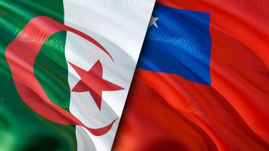 Cezayir bayrağı Samoa bayrağına karşı. Karışık Cezayir ve Samoa bayrağı, 3D Rending. Cezayir ile Samoa arasındaki kriz uluslararası toplantı veya müzakere kavramı. Çatışma, müzakere, savaş konsepti