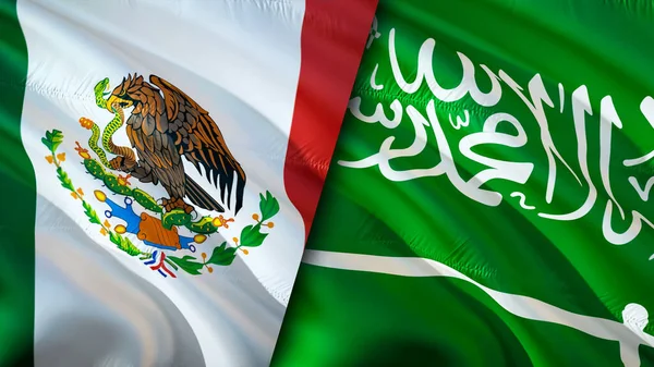 Mexico and Saudi Arabia flags. 3D Waving flag design. Mexico Saudi Arabia flag, picture, wallpaper. Mexico vs Saudi Arabia image,3D rendering. Mexico Saudi Arabia relations alliance an
