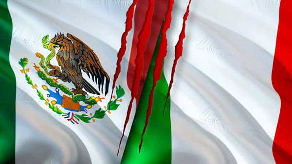 Banderas México Italia Con Concepto Cicatriz Bandera Ondeante Representación Concepto — Foto de Stock