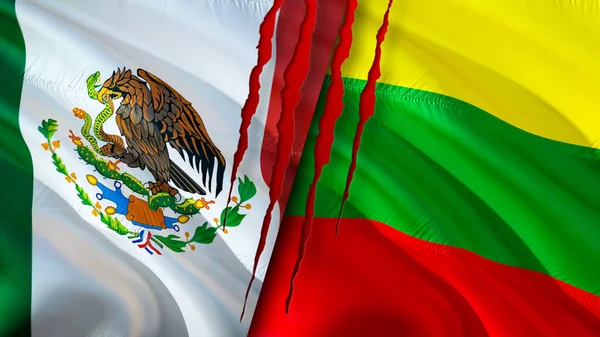 Mexico and Lithuania flags with scar concept. Waving flag,3D rendering. Mexico and Lithuania conflict concept. Mexico Lithuania relations concept. flag of Mexico and Lithuania crisis,war, attac