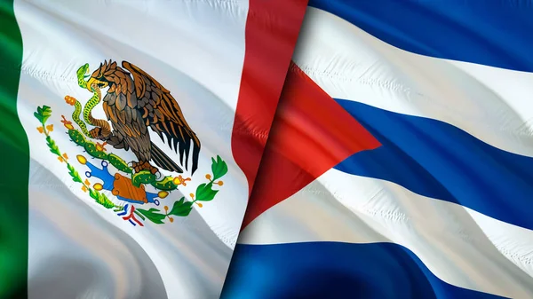 Mexico and Cuba flags. 3D Waving flag design. Mexico Cuba flag, picture, wallpaper. Mexico vs Cuba image,3D rendering. Mexico Cuba relations alliance and Trade,travel,tourism concep