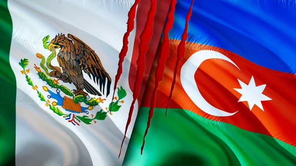 Mexico and Azerbaijan flags with scar concept. Waving flag,3D rendering. Mexico and Azerbaijan conflict concept. Mexico Azerbaijan relations concept. flag of Mexico and Azerbaijan crisis,war, attac