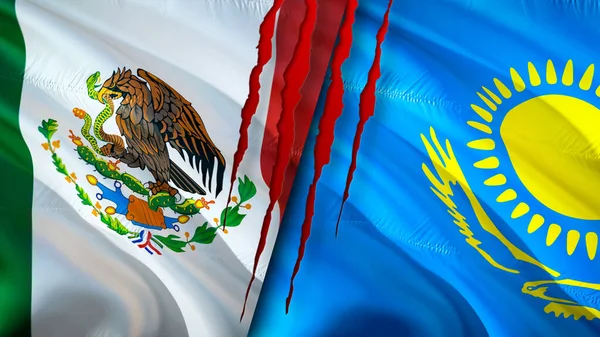Mexico and Kazakhstan flags with scar concept. Waving flag,3D rendering. Mexico and Kazakhstan conflict concept. Mexico Kazakhstan relations concept. flag of Mexico and Kazakhstan crisis,war, attac