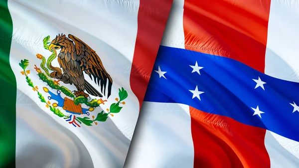 Mexico and Netherlands Antilles flags. 3D Waving flag design. Mexico Netherlands Antilles flag, picture, wallpaper. Mexico vs Netherlands Antilles image,3D rendering. Mexico Netherlands Antille