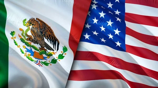 墨西哥和美国的国旗 3D波浪旗帜设计 墨西哥国旗 墨西哥对美国的图像 3D渲染 美墨关系联盟与贸易 — 图库照片
