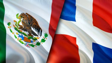 Meksika ve Dominik Cumhuriyeti bayrakları. 3 boyutlu dalgalanan bayrak tasarımı. Meksika Dominik Cumhuriyeti bayrağı, resim, duvar kağıdı. Meksika, Dominik Cumhuriyeti 'ne karşı. Görüntü 3 boyutlu. Meksika Dominik Cumhuriyeti ilişkisi