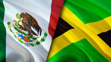 Meksika ve Jamaika bayrakları. 3 boyutlu dalgalanan bayrak tasarımı. Meksika Jamaika bayrağı, resim, duvar kağıdı. Meksika, Jamaika 'ya karşı. Görüntü 3 boyutlu. Meksika Jamaika ilişkileri ittifak ve ticaret, seyahat, turizm konsepti