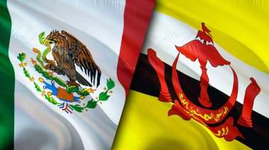 Meksika ve Brunei bayrakları. 3 boyutlu dalgalanan bayrak tasarımı. Meksika Brunei bayrağı, resim, duvar kağıdı. Meksika Brunei 'ye karşı, görüntü 3 boyutlu. Meksika Brunei ilişkileri ittifak ve ticaret, seyahat, turizm konsepti