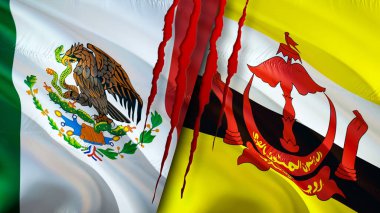 Meksika ve Brunei yara izi olan bayraklar. Dalgalanan bayrak, 3 boyutlu görüntüleme. Meksika ve Brunei çatışma konsepti. Meksika Brunei ilişkileri kavramı. Meksika bayrağı ve Brunei krizi, savaş, saldırı konsepti