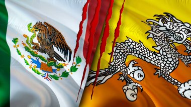 Meksika ve Butan bayrakları yara izi konseptiyle. Dalgalanan bayrak, 3 boyutlu görüntüleme. Meksika ve Butan çatışma konsepti. Meksika Bhutan ilişkileri kavramı. Meksika bayrağı ve Butan krizi, savaş, saldırı konsepti