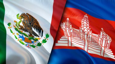 Meksika ve Kamboçya bayrakları. 3 boyutlu dalgalanan bayrak tasarımı. Meksika Kamboçya bayrağı, resim, duvar kağıdı. Meksika Kamboçya 'ya karşı, görüntü 3 boyutlu. Meksika Kamboçya ilişkileri ittifak ve ticaret, seyahat, turizm konsepti