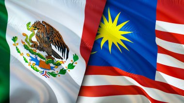 Meksika ve Malezya bayrakları. 3 boyutlu dalgalanan bayrak tasarımı. Meksika Malezya bayrağı, resim, duvar kağıdı. Meksika, Malezya 'ya karşı, görüntü 3 boyutlu. Meksika Malezya ilişkileri ittifak ve ticaret, seyahat, turizm konsepti