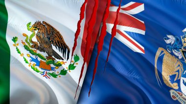 Meksika ve Tristan da Cunha yara izi olan bayraklar. Dalgalanan bayrak, 3 boyutlu görüntüleme. Meksika ve Tristan da Cunha çatışma konsepti. Meksika Tristan da Cunha ilişkileri kavramı. Meksika ve Tristan bayrağı