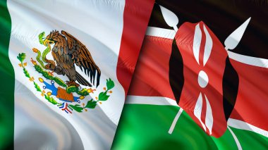 Meksika ve Kenya bayrakları. 3 boyutlu dalgalanan bayrak tasarımı. Meksika Kenya bayrağı, resim, duvar kağıdı. Meksika, Kenya 'ya karşı, görüntü 3 boyutlu. Meksika Kenya ilişkileri ittifak ve ticaret, seyahat, turizm konsepti