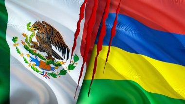 Meksika ve Mauritius yara izi olan bayraklar. Dalgalanan bayrak, 3 boyutlu görüntüleme. Meksika ve Mauritius çatışma konsepti. Meksika Mauritius ilişkileri kavramı. Meksika bayrağı ve Mauritius krizi, savaş, attac