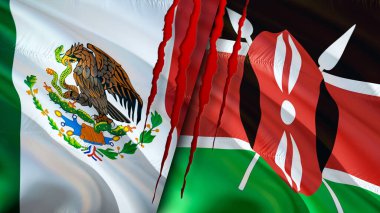 Meksika ve Kenya yara izi olan bayraklar. Dalgalanan bayrak, 3 boyutlu görüntüleme. Meksika ve Kenya çatışma konsepti. Meksika Kenya ilişkileri kavramı. Meksika bayrağı ve Kenya krizi, savaş, saldırı konsepti