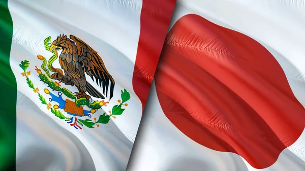 Mexico and Japan flags. 3D Waving flag design. Mexico Japan flag, picture, wallpaper. Mexico vs Japan image,3D rendering. Mexico Japan relations alliance and Trade,travel,tourism concep