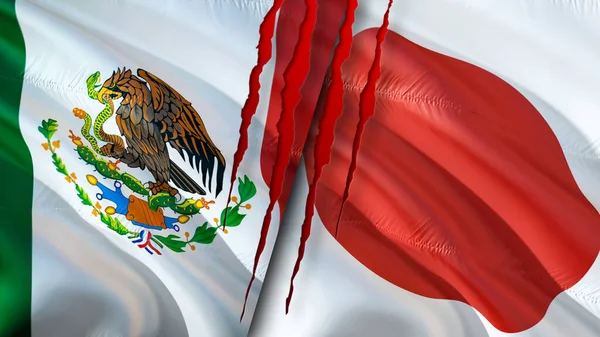 Mexico and Japan flags with scar concept. Waving flag,3D rendering. Mexico and Japan conflict concept. Mexico Japan relations concept. flag of Mexico and Japan crisis,war, attack concep