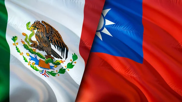 Mexico and Taiwan flags. 3D Waving flag design. Mexico Taiwan flag, picture, wallpaper. Mexico vs Taiwan image,3D rendering. Mexico Taiwan relations alliance and Trade,travel,tourism concep