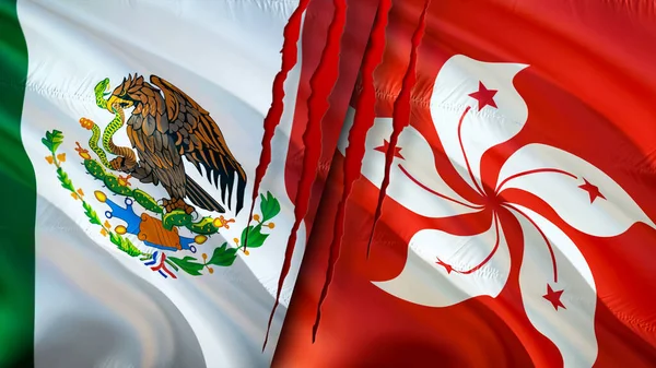 Mexico and Hong Kong flags with scar concept. Waving flag,3D rendering. Mexico and Hong Kong conflict concept. Mexico Hong Kong relations concept. flag of Mexico and Hong Kong crisis,war, attac