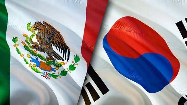 Mexico and South Korea flags. 3D Waving flag design. Mexico South Korea flag, picture, wallpaper. Mexico vs South Korea image,3D rendering. Mexico South Korea relations alliance an