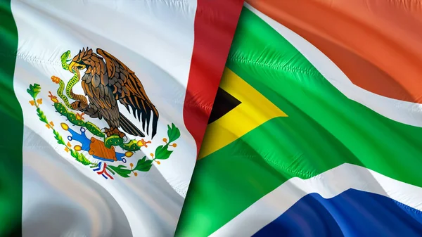 Mexico and South Africa flags. 3D Waving flag design. Mexico South Africa flag, picture, wallpaper. Mexico vs South Africa image,3D rendering. Mexico South Africa relations alliance an