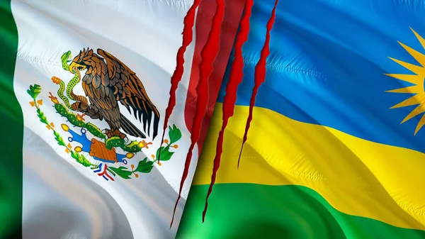 Mexico and Rwanda flags with scar concept. Waving flag,3D rendering. Mexico and Rwanda conflict concept. Mexico Rwanda relations concept. flag of Mexico and Rwanda crisis,war, attack concep