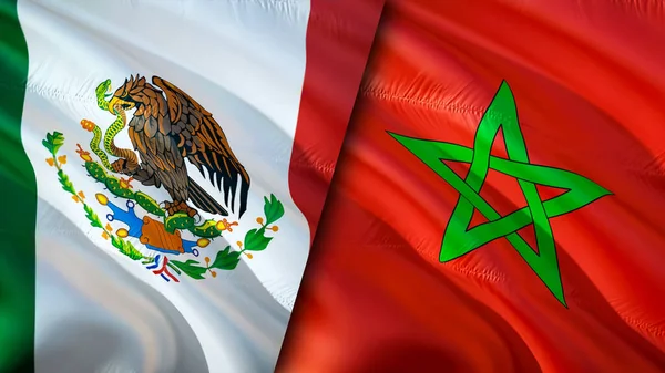 Mexico and Morocco flags. 3D Waving flag design. Mexico Morocco flag, picture, wallpaper. Mexico vs Morocco image,3D rendering. Mexico Morocco relations alliance and Trade,travel,tourism concep