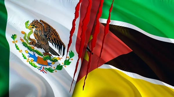 Bandiere Messico Mozambico Con Concetto Cicatrice Bandiera Sventolante Rendering Messico — Foto Stock