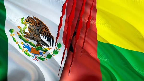 Mexico and Guinea Bissau flags with scar concept. Waving flag,3D rendering. Mexico and Guinea Bissau conflict concept. Mexico Guinea Bissau relations concept. flag of Mexico and Guinea Bissa