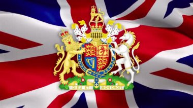 Birleşik Krallık Kraliyet armalı İngiliz bayrağı. Büyük Britanya 'nın İngiliz Kraliyet arması. İngiltere Kraliyet Ailesi. Birleşik Krallık bayrağında İngiliz amblemi. Arka plan - Londra, 1 Mayıs 2020