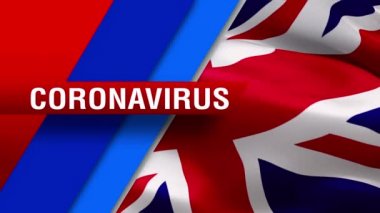 Coronavirus Metni, rüzgarda dalgalanan İngiliz bayrağı videosu üzerine. Gerçekçi İngiliz bayrağı geçmişi. Corona Virüsü konsepti Birleşik Krallık Bayrak Döngüsü Kapanışı 1080p Tam HD 1920X1080 görüntüsü
