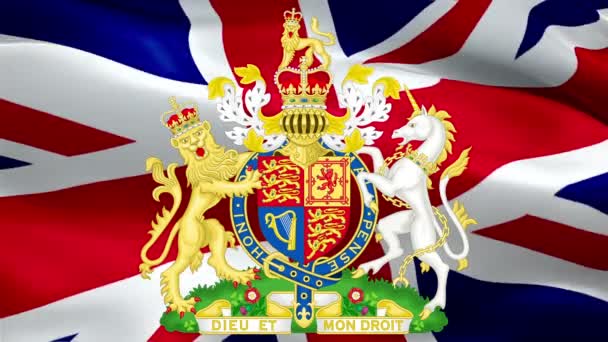 Kunglig Vapensköld Förenade Kungariket Bakgrund Storbritanniens Nationella Emblem Brittisk Flaggbakgrund — Stockvideo