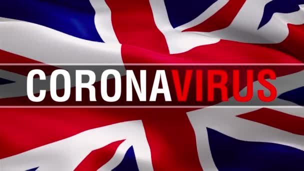 イギリスはコロナウイルス文字で旗を振っている 英国の旗でコロナウイルスの危険性と感染が振っている 英国のサインシームレスなループアニメーション Civid 19の健康疾患コンセプト British Flag — ストック動画