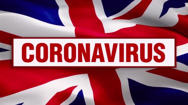 Coronavirus Metni, rüzgarda dalgalanan İngiliz bayrağı videosu üzerine. Gerçekçi İngiliz bayrağı geçmişi. Corona Virüsü konsepti Birleşik Krallık Bayrak Döngüsü Kapanışı 1080p Tam HD 1920X1080 görüntüsü