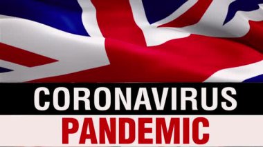 Birleşik Krallık Coronavirus Metni ile bayrak sallıyor. İngiliz bayrağında Coronavirus tehlikesi ve enfeksiyonu. Birleşik Krallık 'ın kusursuz döngü animasyonunun işareti. Sivid 19 sağlık hastalığı konsepti İngiliz bayrağı HD